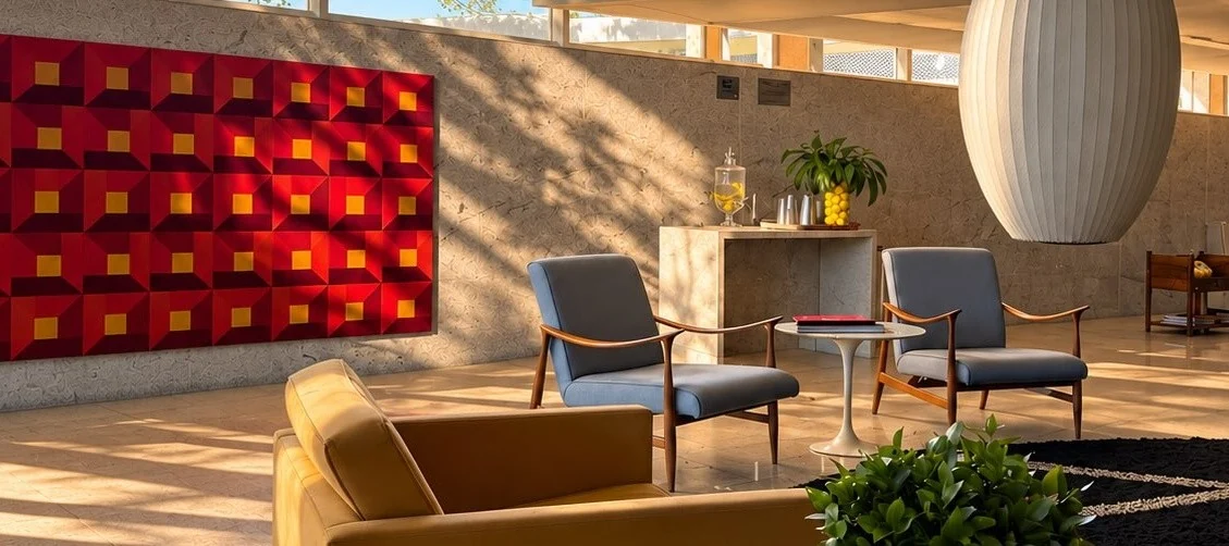 Ambiente do acervo MORA: arte geométrica vermelha, luz natural, poltronas e materiais que orientam a observação.